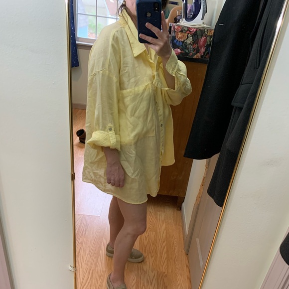 Magaschoni linen blouse oversized pockets mother of pearl buttons yell XL - Picture 6 of 13